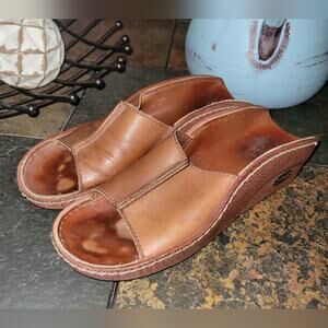 Vintage 1970s Retro Scholl Foot Cradle Brown Leather Slide Wedge Sandals Size 6